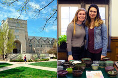 Two images, from left: Exterior of the Collins Living-Learning Center, and two students posing with hand-made ceramic bowls.